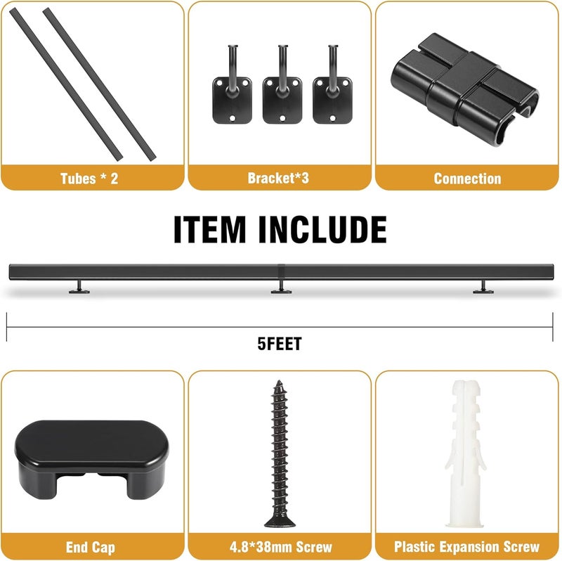 SDNBHT Industrial Stair Handrail Wall-Mounted Hand Rails for Indoor Stairs Black Pipe Stair Railing Indoor Metal Hand Rail for Indoor & Outdoor Steps Aluminum Staircase Handrail for Stairs 5ft - Image 4